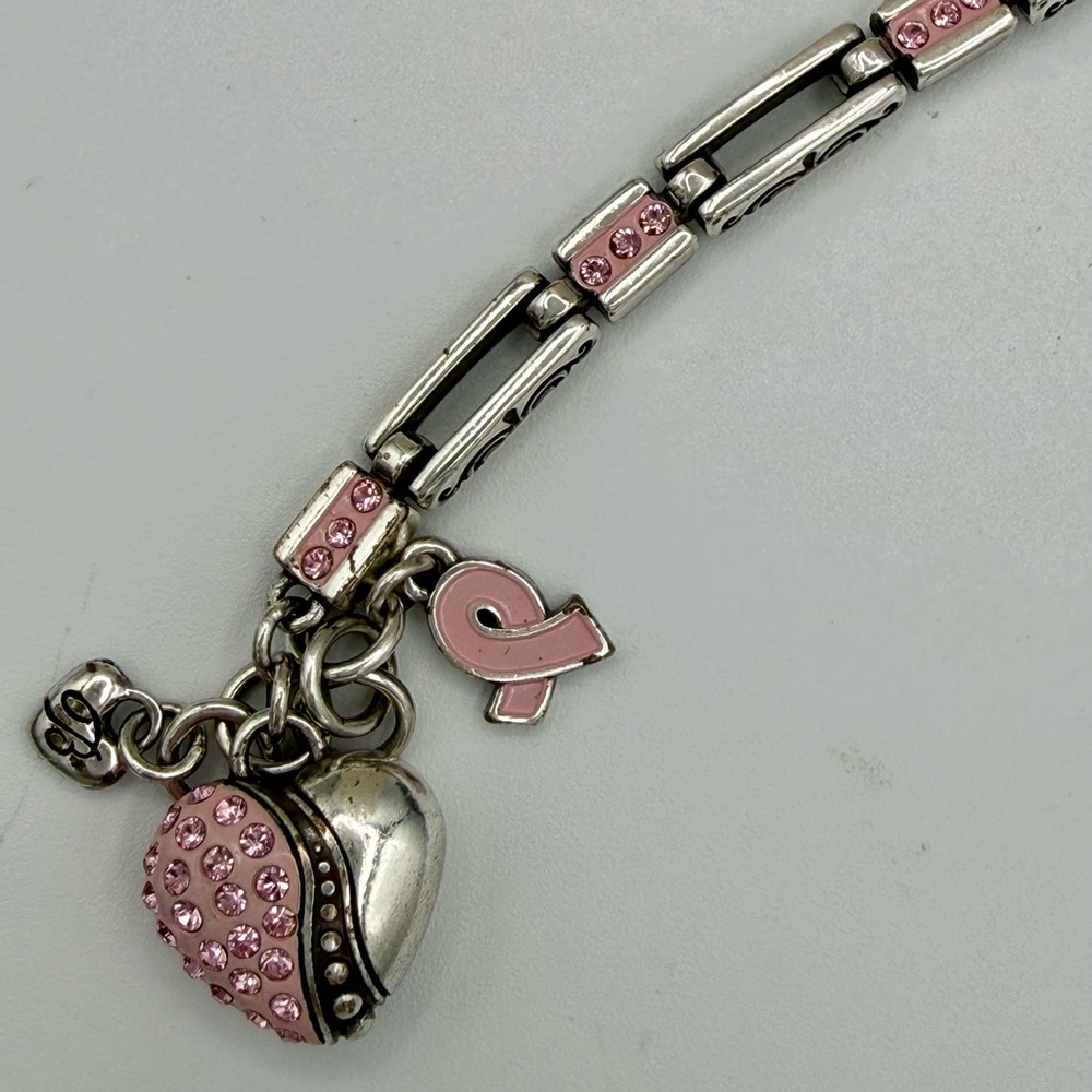 BRIGHTON Pink Ribbon Breast Cancer Awareness Charm Bracelet Silver Crystal Heart - Picture 7 of 7
